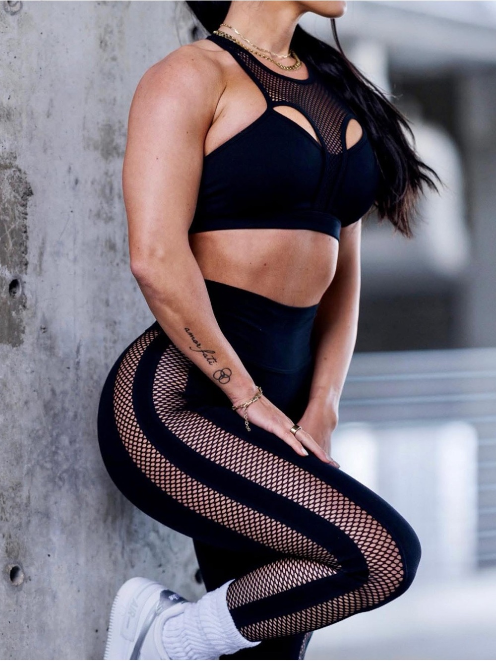 Bombshell Sportswear Black Fishnet Panel High-Waist Leggings & Mesh Bra Set